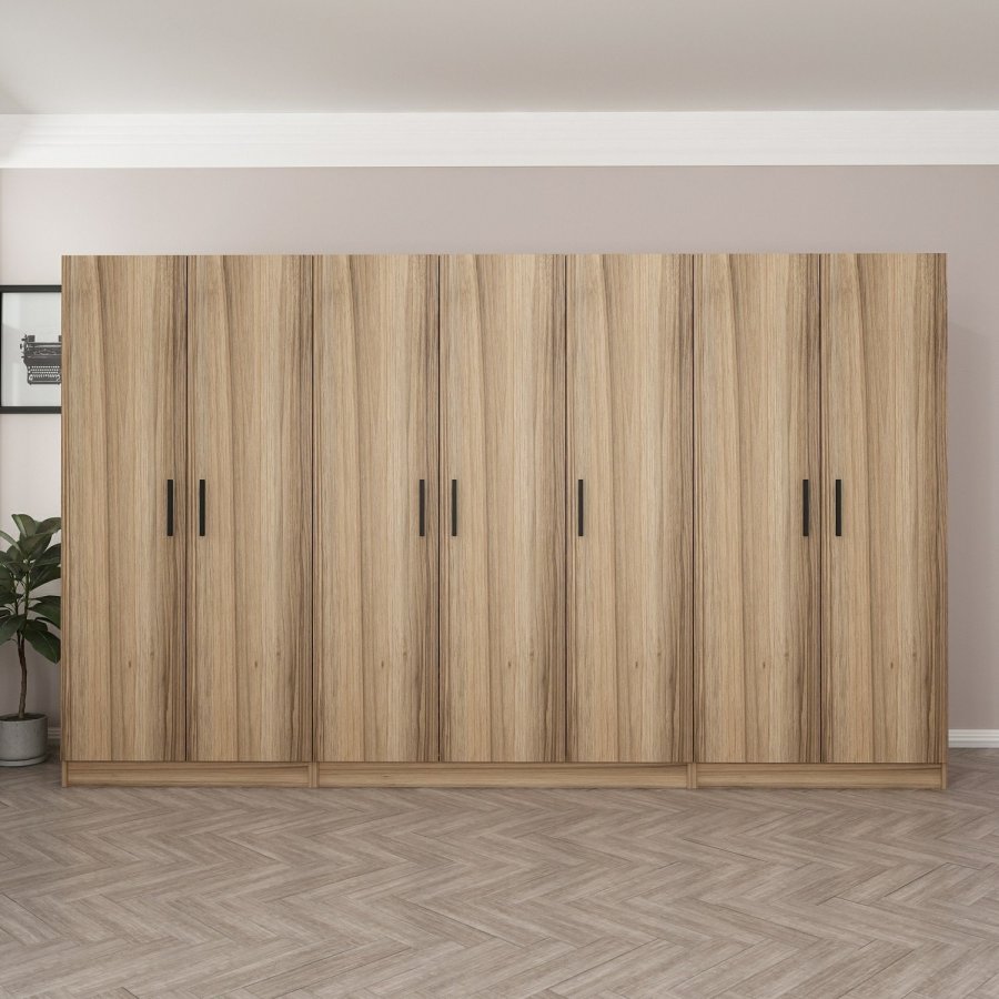 FUNZI LIVING 7632 garderobeskap, m. 7 drer, 5 henger, 2 skuffer, hyller - naturlig melamin