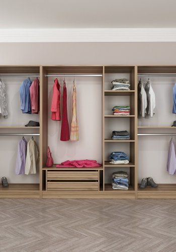 FUNZI LIVING 7632 garderobeskap, m. 7 drer, 5 henger, 2 skuffer, hyller - naturlig melamin