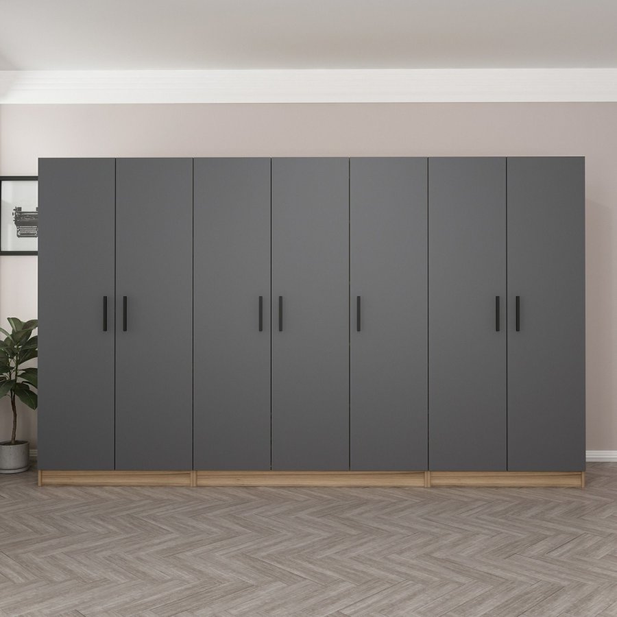 FUNZI LIVING 7512 garderobeskap, 7 drer, 5 kleshengere, 2 skuffer, hyller - antrasitt/naturlig melamin