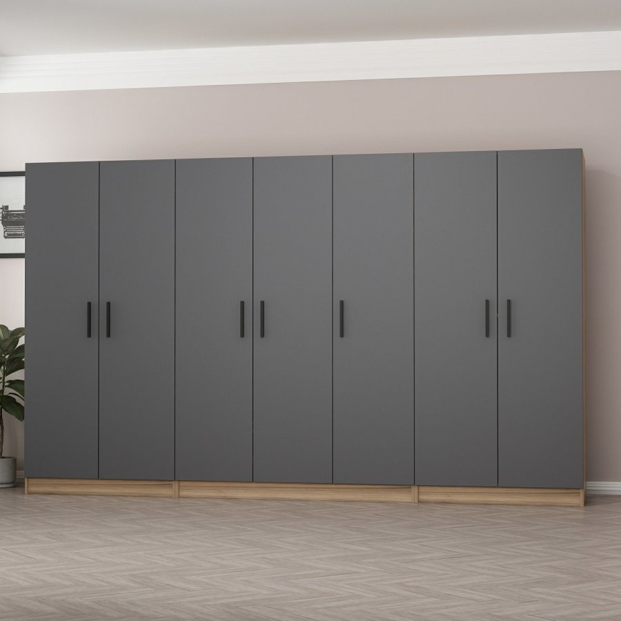 FUNZI LIVING 7512 garderobeskap, 7 drer, 5 kleshengere, 2 skuffer, hyller - antrasitt/naturlig melamin