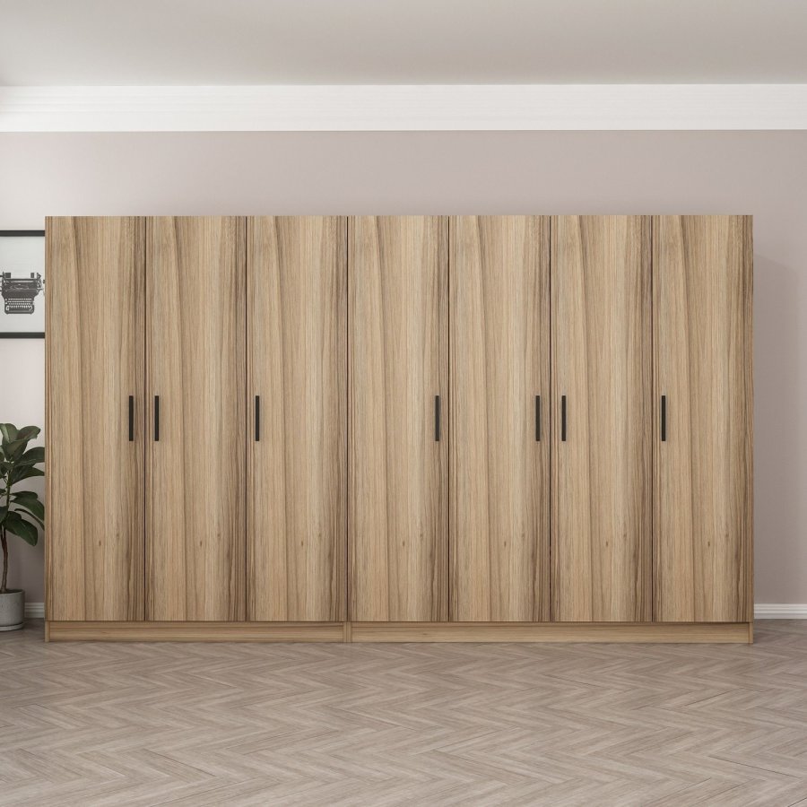 FUNZI LIVING 7503 garderobeskap, m. 7 drer, 2 henger, 4 skuffer, hyller - naturlig melamin