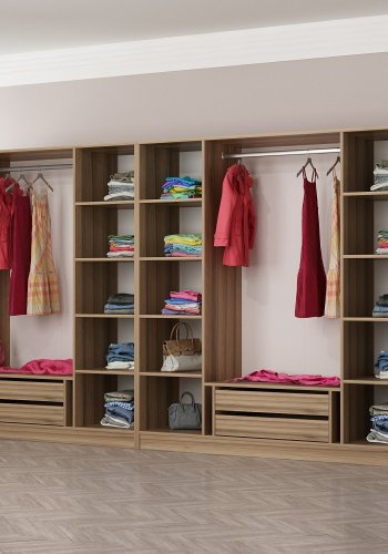 FUNZI LIVING 7633 garderobeskap, m. 7 drer, 2 henger, 4 skuffer, hyller - naturlig melamin