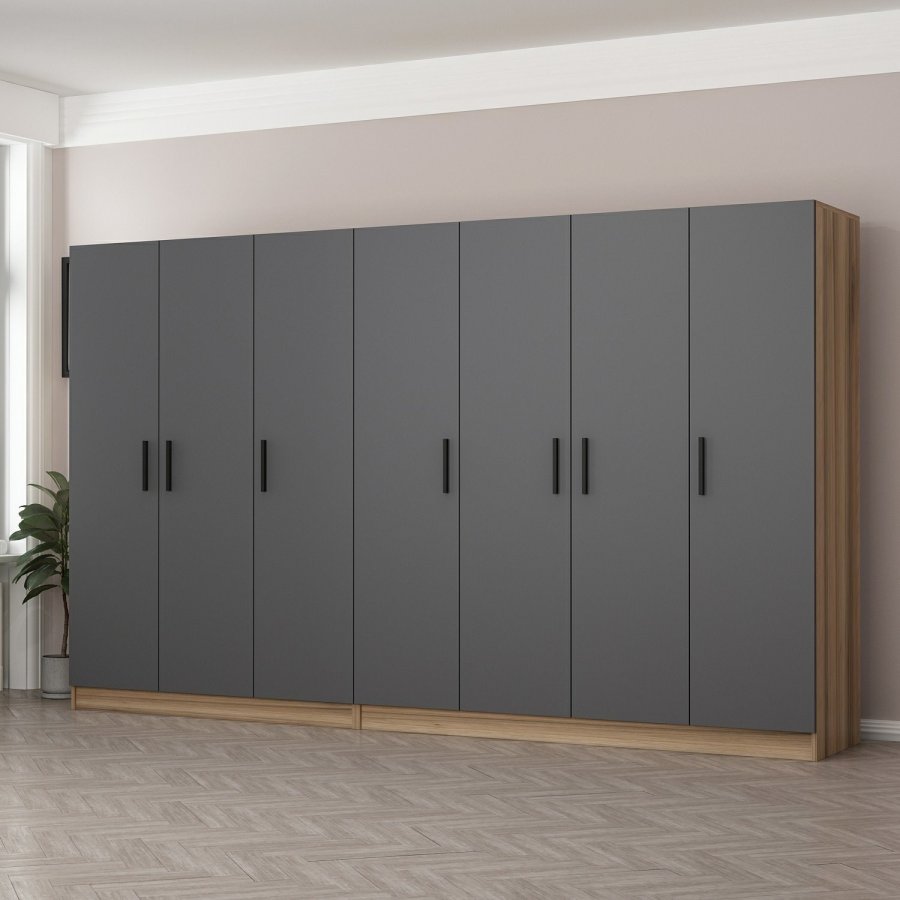 FUNZI LIVING 7513 garderobeskap, 7 drer, 2 kleshengere, 4 skuffer, hyller - antrasitt/naturlig melamin