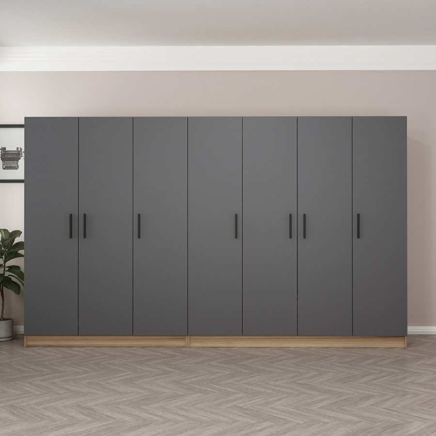 FUNZI LIVING 7513 garderobeskap, 7 drer, 2 kleshengere, 4 skuffer, hyller - antrasitt/naturlig melamin