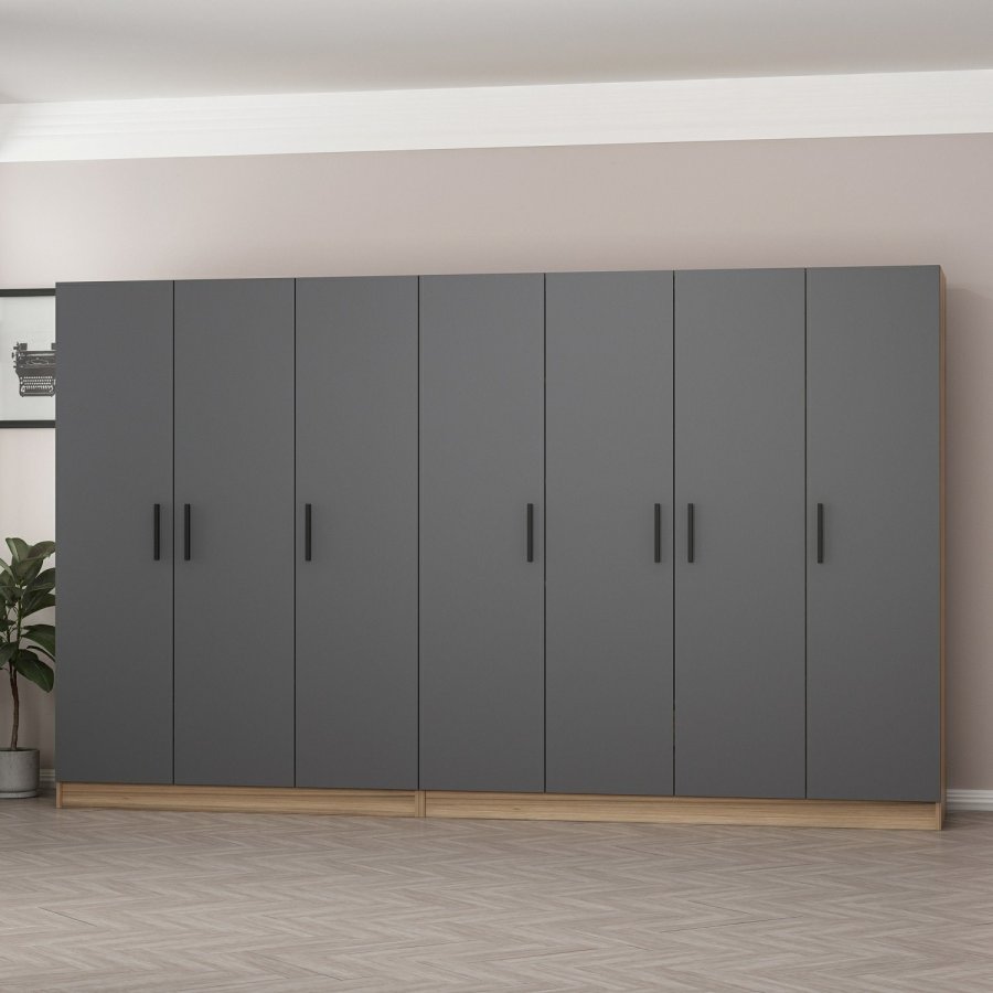 FUNZI LIVING 7513 garderobeskap, 7 drer, 2 kleshengere, 4 skuffer, hyller - antrasitt/naturlig melamin