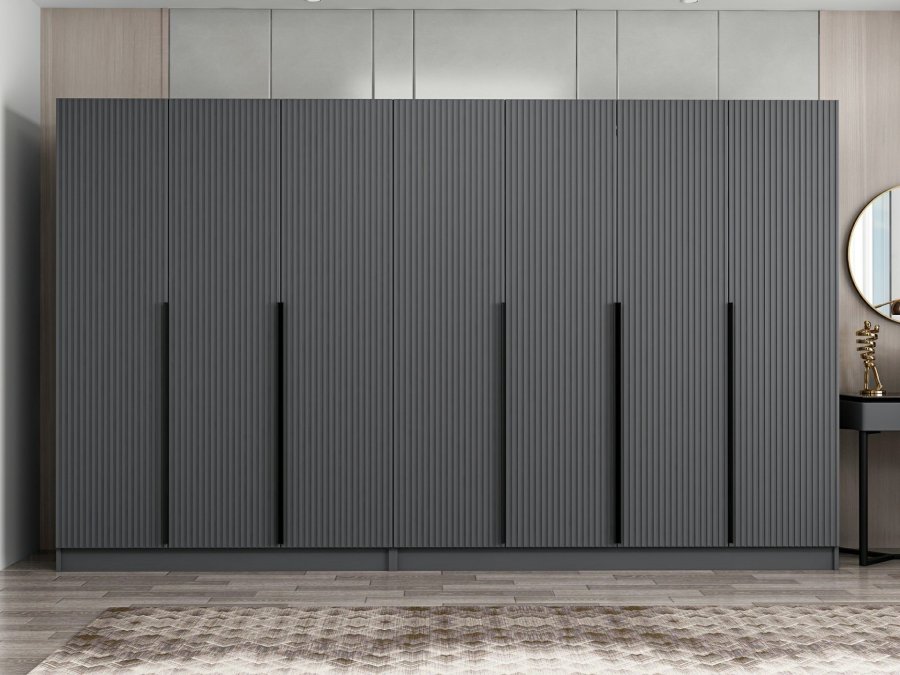 FUNZI LIVING Plus 7779 garderobeskap, 7 drer, 2 henger, 4 skuffer, hyller - antrasitt melamin