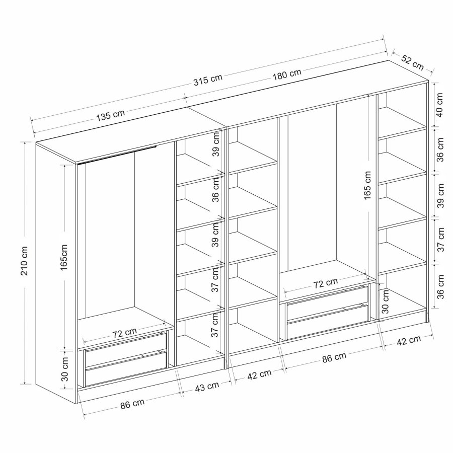 FUNZI LIVING Plus 7779 garderobeskap, 7 drer, 2 henger, 4 skuffer, hyller - antrasitt melamin