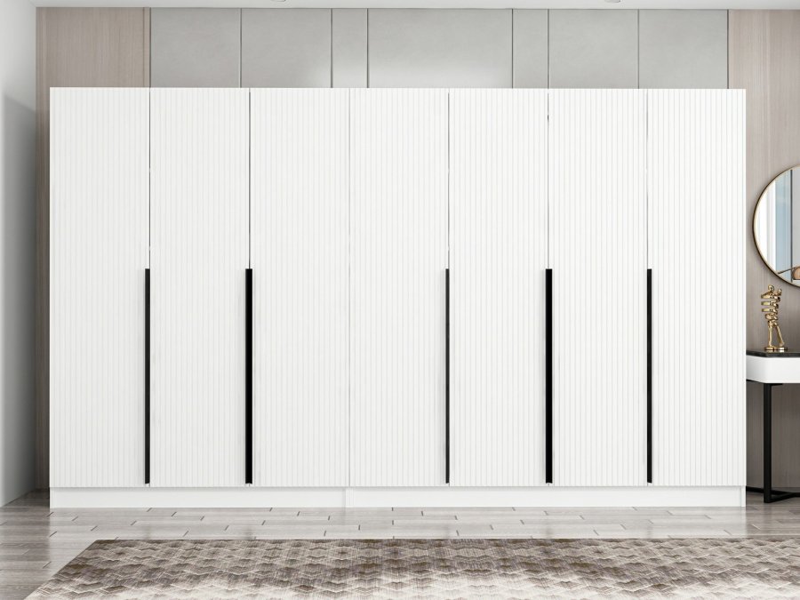 FUNZI LIVING Plus 7789 garderobe, m. 7 drer, 2 henger, 4 skuffer, hyller - hvit melamin