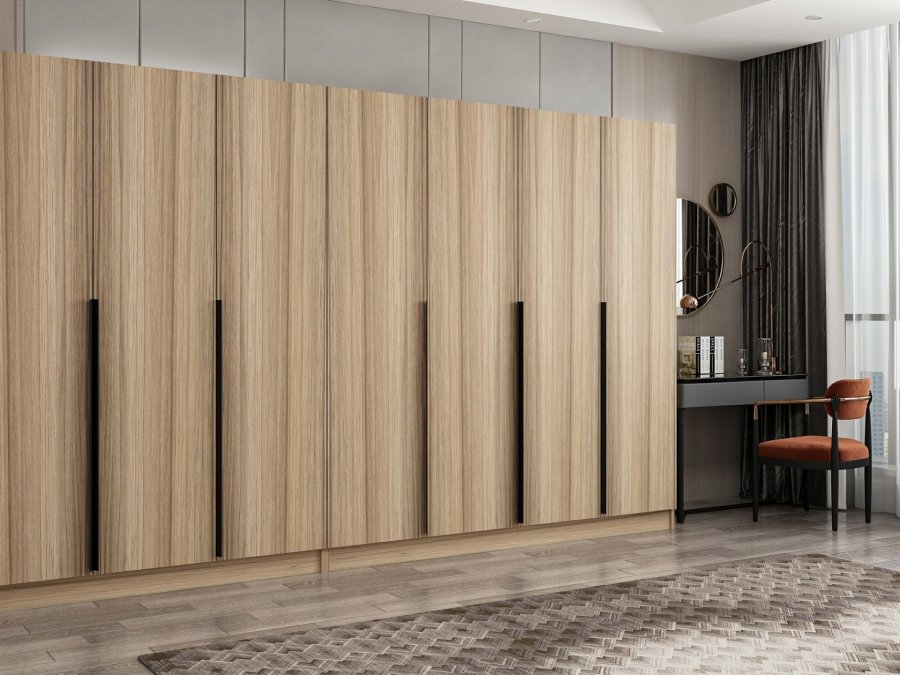 FUNZI LIVING Plus 7799 garderobe, m. 7 drer, 2 henger, 4 skuffer, hyller - naturlig melamin