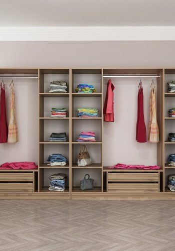 FUNZI LIVING Plus 7799 garderobe, m. 7 drer, 2 henger, 4 skuffer, hyller - naturlig melamin