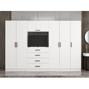 FUNZI LIVING 7826 garderobeskab, m. 6 lger, 2 bjlestnger, 6 skuffer, hylder - hvid melamin