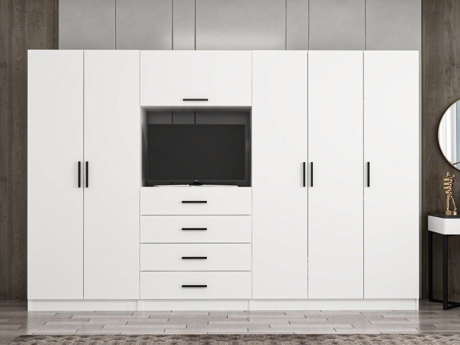 FUNZI LIVING 7826 garderobe, m. 6 drer, 2 henger, 6 skuffer, hyller - hvit melamin