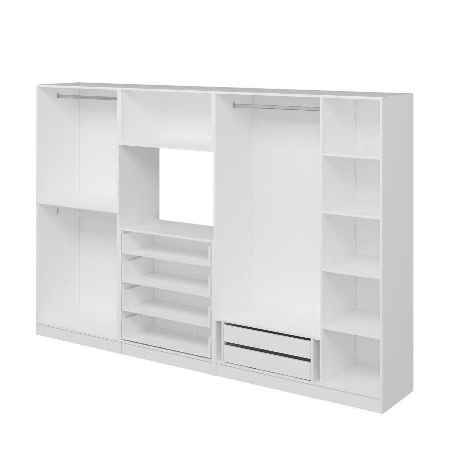 FUNZI LIVING 7826 garderobe, m. 6 drer, 2 henger, 6 skuffer, hyller - hvit melamin