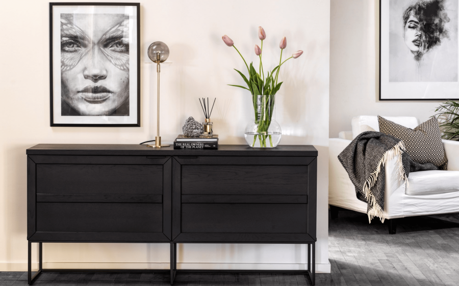 ROWICO rektangulr Everett sknk m. 2 lger og 1 hylde - sort eg og metal 