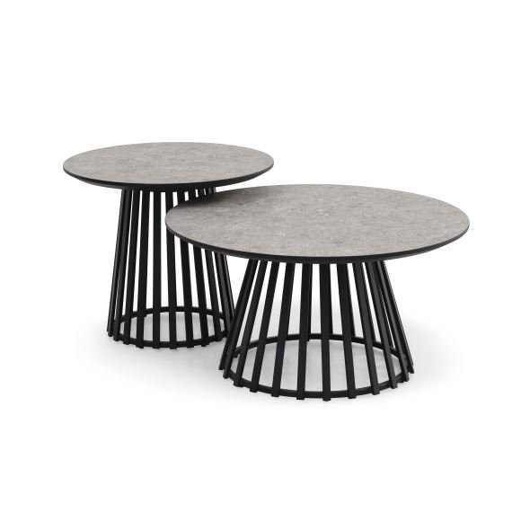 Samos sofabord, rundt - beige terrazzo HPL og svart metall (60, 80) (sett med 2)