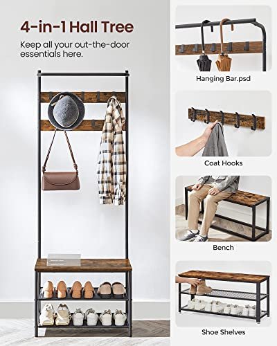 VASAGLE inngangsarrangement, m.  9 kroker, benk, hengestang, 2 hyller, brun sponplate og sort stl