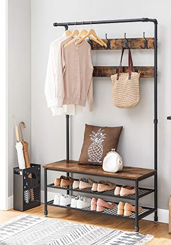 VASAGLE inngangsarrangement, m. 9 kroker, 1 hengestang, 3 hyller - brun sponplate og sort stl