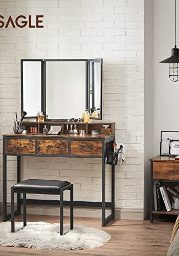 VASAGLE Schminktisch, mit dreifach klappbarem Spiegel, 3 Schubladen, 4 Fächern, Hocker – braune Spanplatte, schwarzer Stahl (90 x 40)