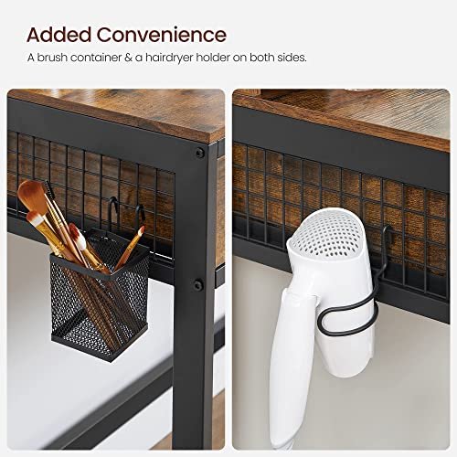 VASAGLE Schminktisch, mit dreifach klappbarem Spiegel, 3 Schubladen, 4 Fächern, Hocker – braune Spanplatte, schwarzer Stahl (90 x 40)