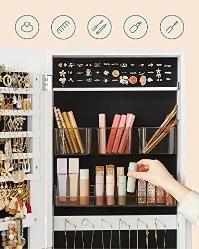 SONGMICS smykkeskap, lsbart, med speil, 2 plastoppbevaring for kosmetikk - speilglass og hvit MDF