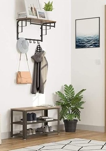 VASAGLE benk, m. 2 skohyller - greige sponplater og sort stl (73x30)