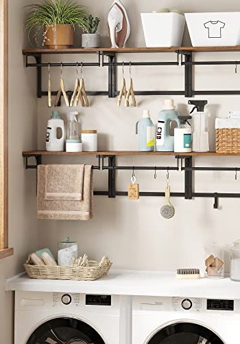 VASAGLE Hutablage, mit Kleiderstange und 8 abnehmbaren Haken – rustikale braune Spanplatte und schwarzer Stahl