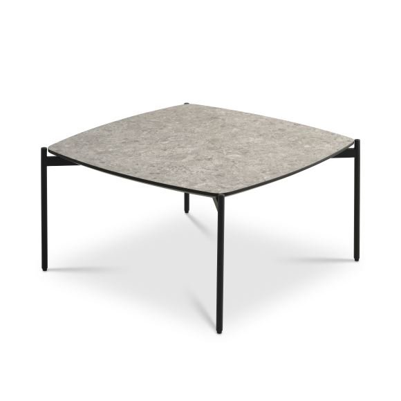 Couchtisch Malta, quadratisch – beigefarbenes Terrazzo-HPL und schwarzes Metall (80 x 80 x H: 42)
