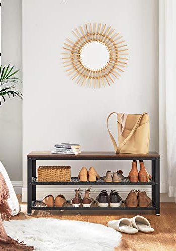 VASAGLE Schuhregal, mit 2 Gitterböden – braune Spanplatte und schwarzer Stahl