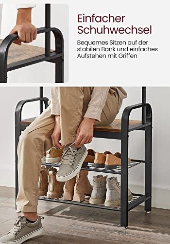 VASAGLE Flurregal, mit 9 Haken, 1 Kleiderstange, 3 Ablagen – braunes MDF und schwarzer Stahl