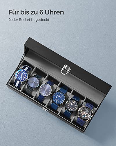 SONGMICS klokkeboks, m. 6 seter, glasslokk, flyelsputer, ls - gr flyel og sort kunstskinn