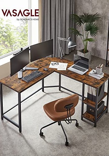 VASAGLE hjrne skrivebord, m. 2 hyller - rustikk brun sponplate og sort stl (138x138)