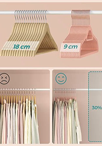 SONGMICS kleshenger, sklisikker, med knytestang og rosegullkrok - rosa flyelsstoff (sett med 50 stk)