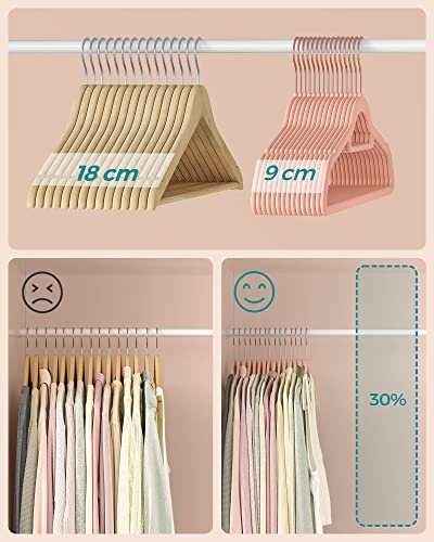 SONGMICS kleshenger, sklisikker, med knytestang og rosegullkrok - rosa flyelsstoff (sett med 50 stk)