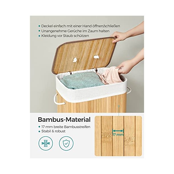 SONGMICS vasketjskurv, foldbar, m. 1 lg, aftageligt og vaskbart for - bomuld og natur bambus