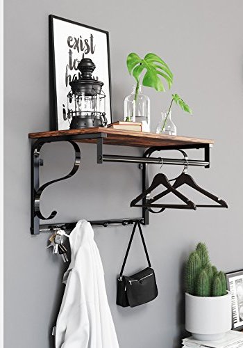 VASAGLE hattehylle, m. 5 kroker og 1 hengerstang - brun sponplate og sort stl