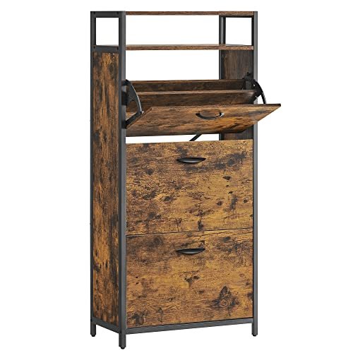 VASAGLE Schuhschrank, mit 3 Flügeltüren und 1 Fach – braune Spanplatte und schwarzer Stahl