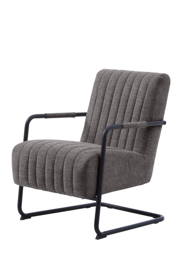 Trout Loungesessel mit Armlehnen – dunkelgrauer Stoff und schwarzes Metall