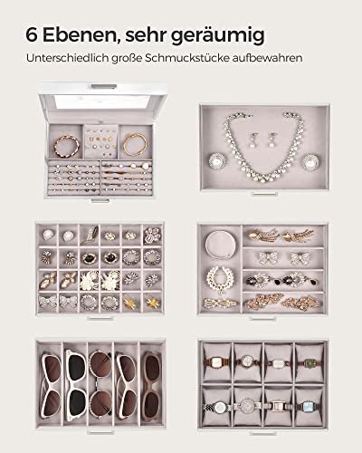 SONGMICS smykkeskrin, m. 6 lag, 5 skuffer, speil - hvit MDF