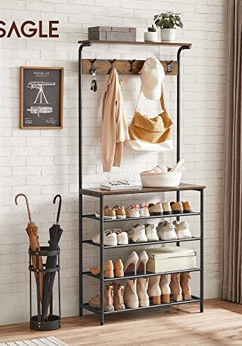 VASAGLE klädhängare, hall i trä med skoförvaring, 5-facks skohylla i olika höjder, 5 dubbelkrokar, översta hyllan, hall, sovrum lägenhet, industriell, rustik brun och svart HSR408B01