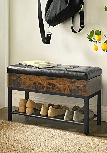 VASAGLE benk, med pute, 1 rom, 1 nettinghylle - svart kunstskinn, brun sponplate og svart stl (70x30)