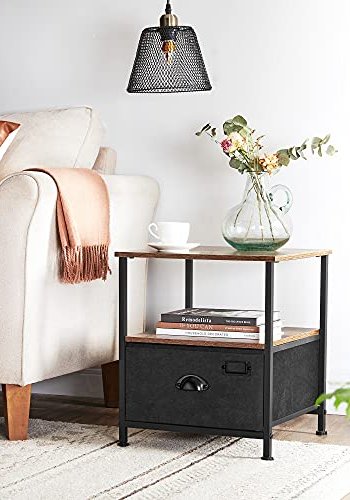SONGMICS nattbord, m. 2 hyller og 1 skuff - rustikk brun MDF og svart imitert semsket skinn/metall (41x41)