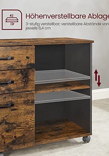 VASAGLE arkivskap, m. 3 skuffer, 1 hylle og hjul - rustikk brun og sort sponplate