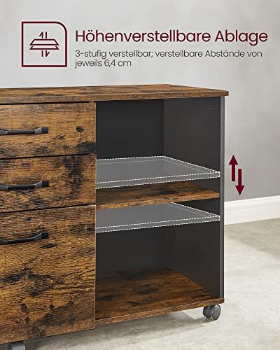 VASAGLE arkivskap, m. 3 skuffer, 1 hylle og hjul - rustikk brun og sort sponplate