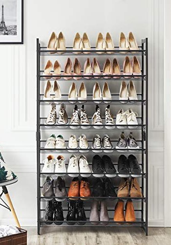 SONGMICS Schuhregal, stapelbar, 4 verstellbare Gitterböden flach oder schräg – schwarzer Stahl (2er-Set)