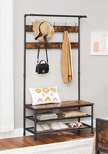 VASAGLE inngangsarrangement, m. 9 kroker, 1 hengestang, 3 hyller - brun sponplate og sort stl