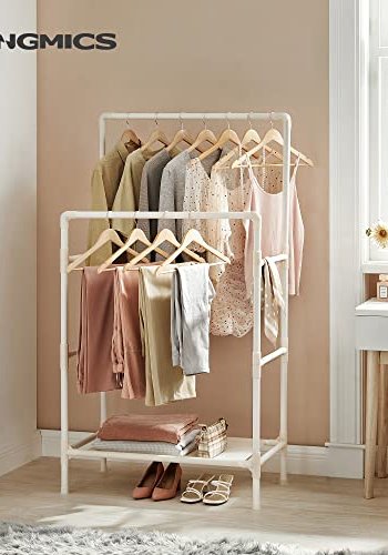SONGMICS RDR01WT Klädhängare i metall med 2 hängskenor och 1 hylla, Belastar upp till 70 kg, Enkel montering, Vit