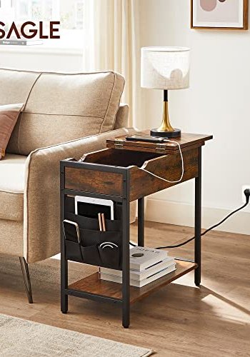 VASAGLE Beistelltisch, mit Ablage, USB-Anschluss, 2 Steckdosen, 1 Ablage, Stofftasche – rustikal braune Spanplatte/Stahl