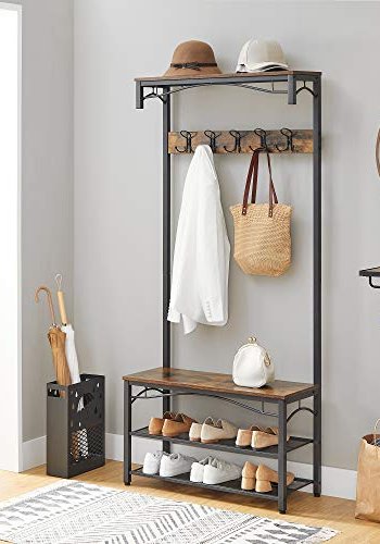 VASAGLE inngangsarrangement, m. 5 doble kroker, 4 hyller - brun sponplate og sort stl