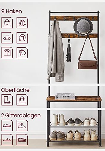 VASAGLE inngangsarrangement, m. 9 kroker, 3 hyller - brun sponplate og sort stl