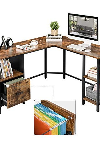 VASAGLE hjrnepult, med hengende arkivskap, 2 hyller - brun sponplate og sort stl (137x151)